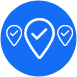 A blue circle with three different locations and a check mark.