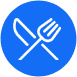 A blue circle with an image of a fork and knife.