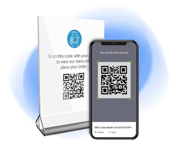 SkyTab POS A phone and sign with qr codes on it